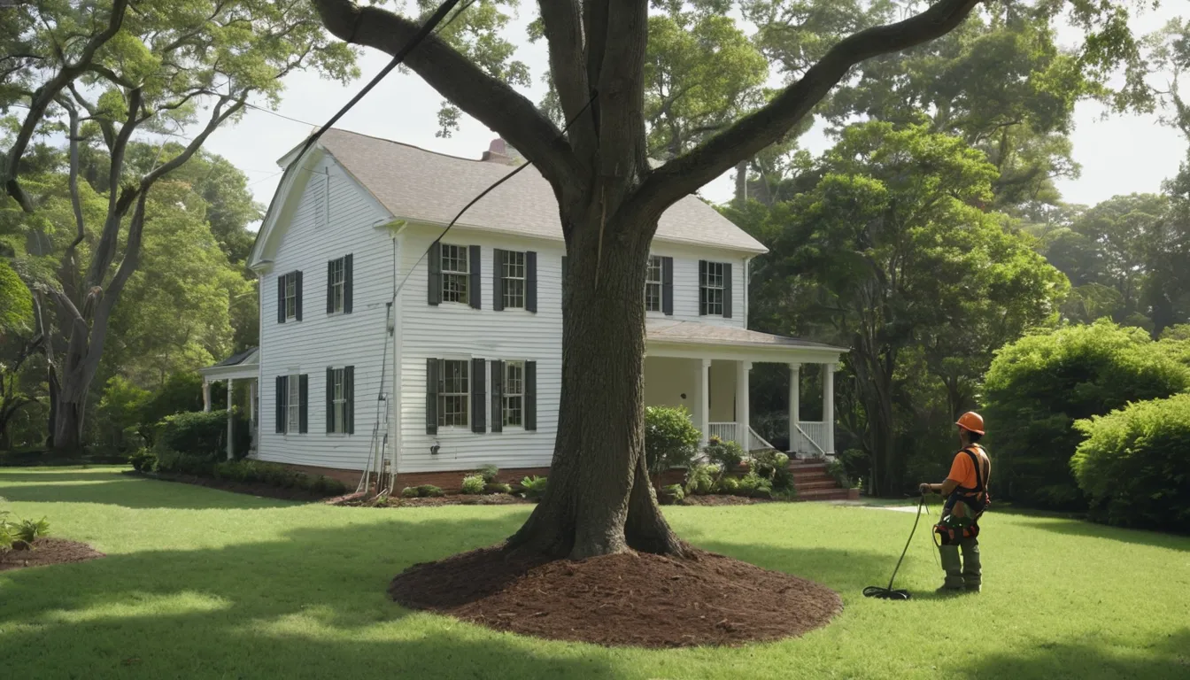 A local tree removal provider cutting a large tree in sections above a Fairfax home with a tidy yard